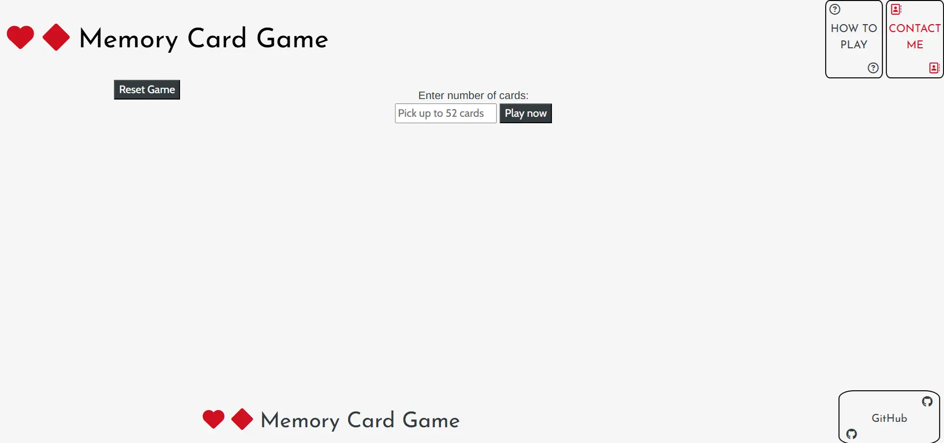 The front page for the Memory Cards website