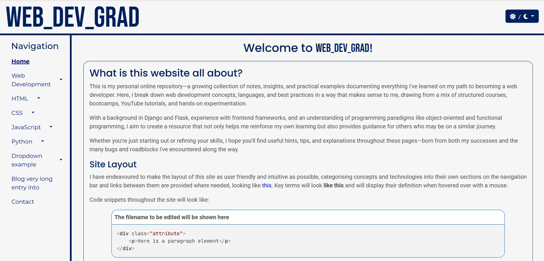 The front page for WebDevGrad